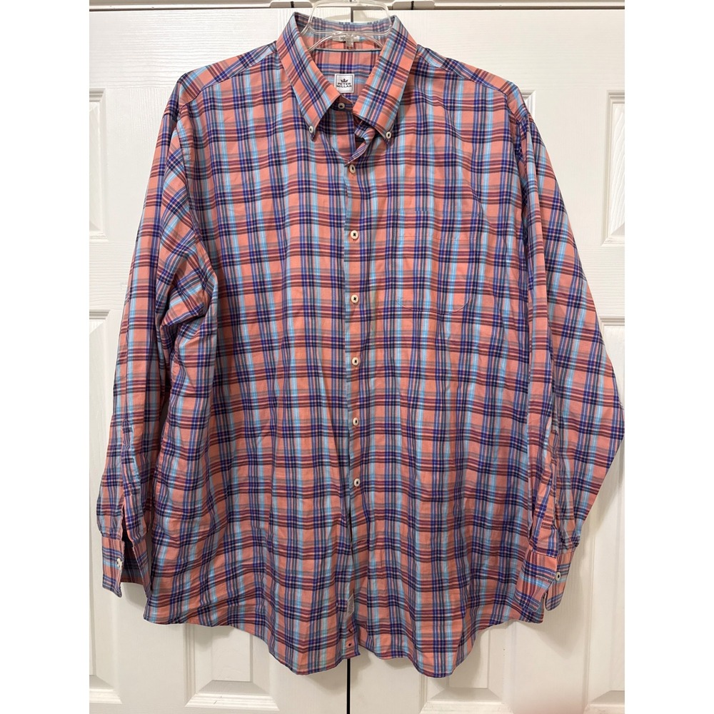Peter Millar Mens XXL 2XL Plaid Button Down Shirt Coral Blue Cotton Long Sleeve